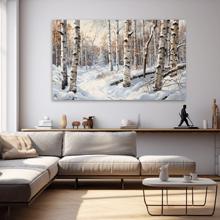 Tableau Acrylique Neige Bouleaux, art mural décoration nature