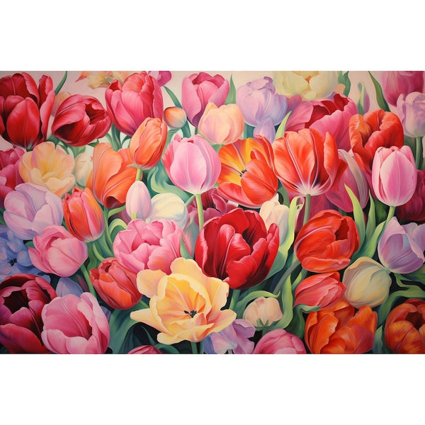 Peinture de corolles de tulipes multicolores emplissant le cadre, feuillage vert vif entre les fleurs