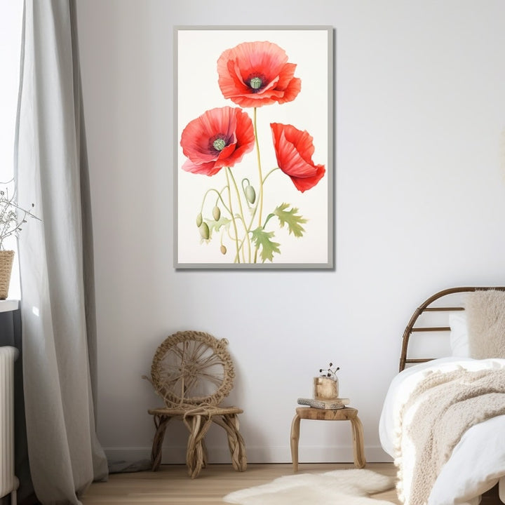 Tableau aquarelle de trois coquelicots rouges aux cœurs vert pâle et étamines noires sur fond blanc
