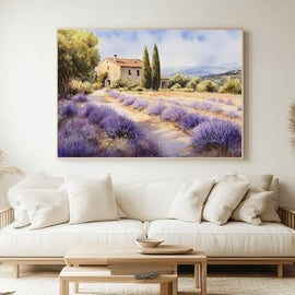 Tableau aquarelle d'un champ de lavande mauve menant à un mas provençal ocre encadré de cyprès