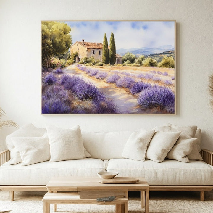 Tableau aquarelle d'un champ de lavande mauve menant à un mas provençal ocre encadré de cyprès