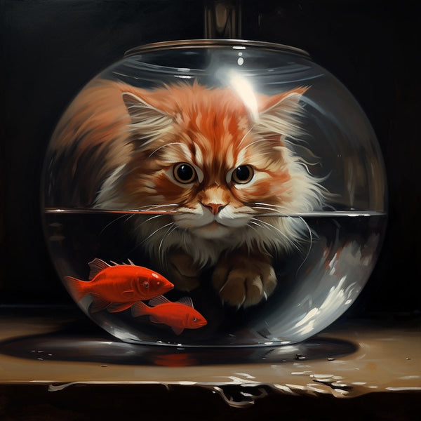 Tableau Aquarium Poissons Rouges et Chat, art mural décoration nature