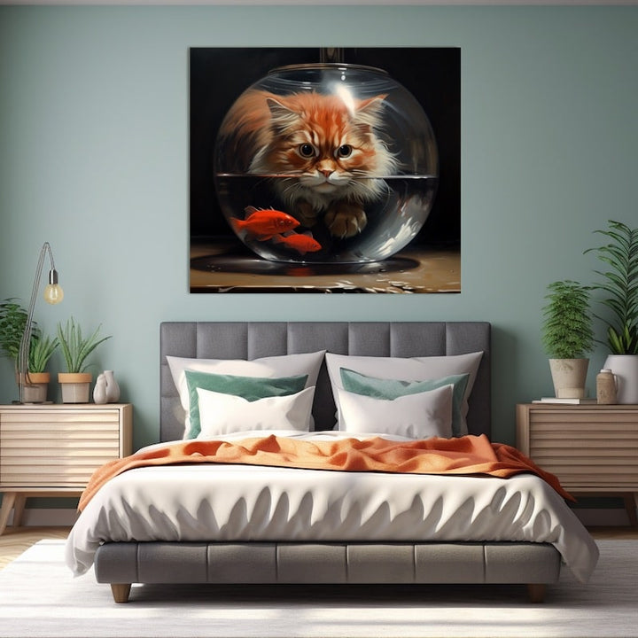 Tableau Aquarium Poissons Rouges et Chat, art mural décoration nature
