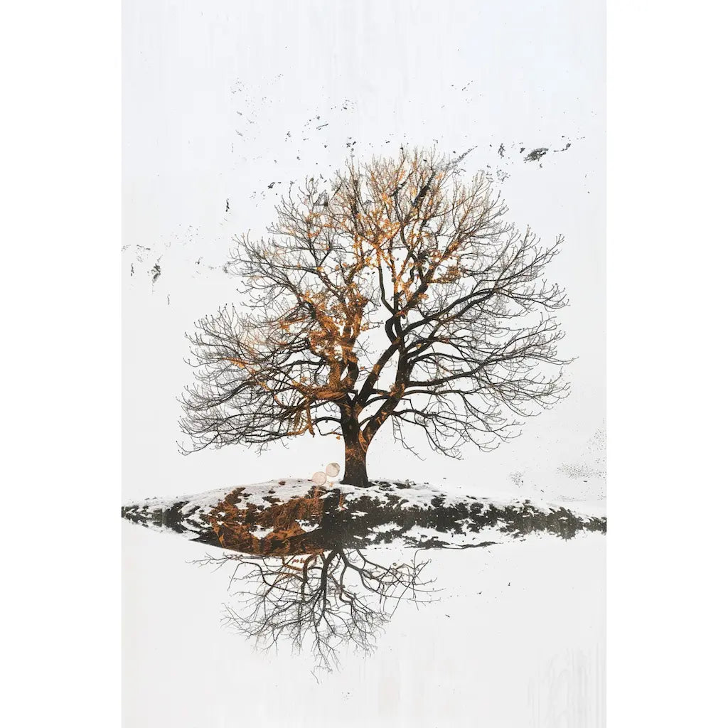 Tableau arbre doré et son reflet sur fond blanc minimaliste
