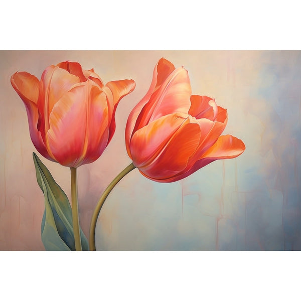 Peinture florale de deux tulipes orangées aux tiges courbées, arrière-plan rose poudré et bleu doux