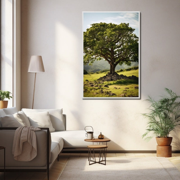 Tableau d'Arbre Isolé sur une Colline Verdoyante, art mural décoration nature