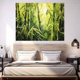 Tableau de Bambou Verdoyant en Peinture à l'Huile, art mural décoration nature