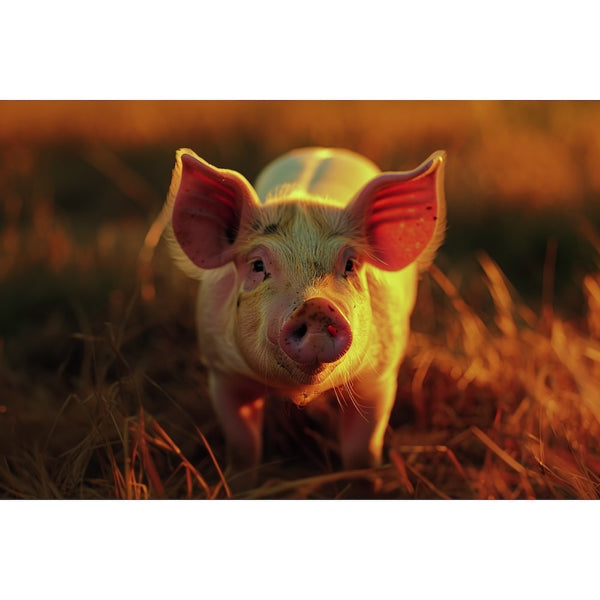 Tableau de Cochon Rose au Coucher du Soleil, art mural décoration nature