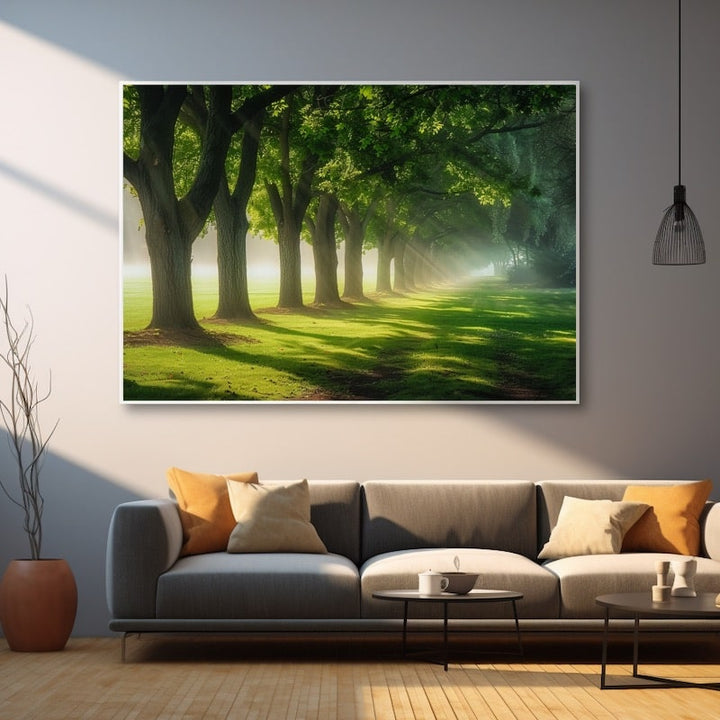 Tableau des Arbres, Allée Verdoyante aux Rayons de Soleil, art mural décoration nature