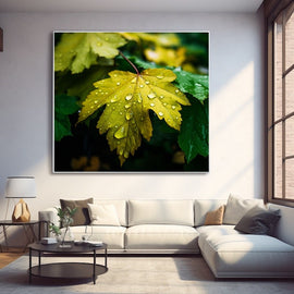 Tableau Feuille aux Gouttes de Rosée, art mural décoration nature