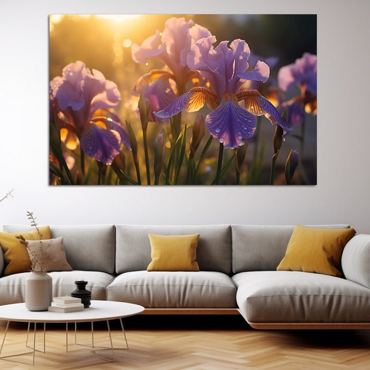 Tableau Iris Violets au Soleil Couchant, art mural décoration nature