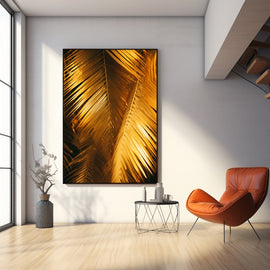 Tableau avec Feuilles Palmier Or, art mural décoration nature