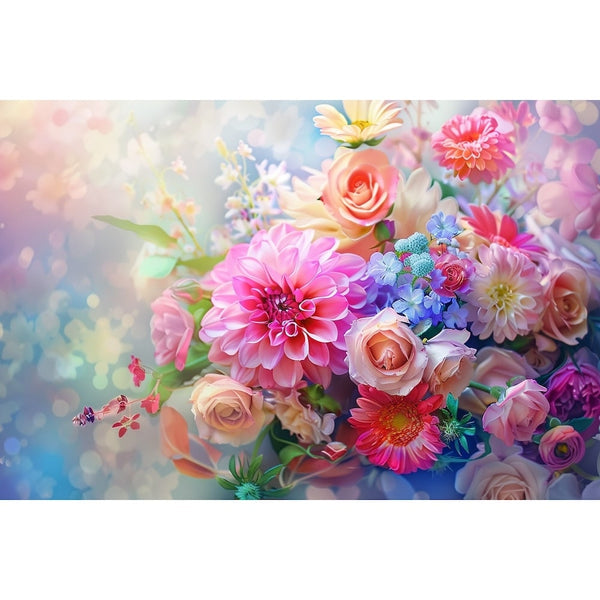Peinture florale foisonnante, dahlia rose, roses crème, marguerite jaune et petites fleurs bleues