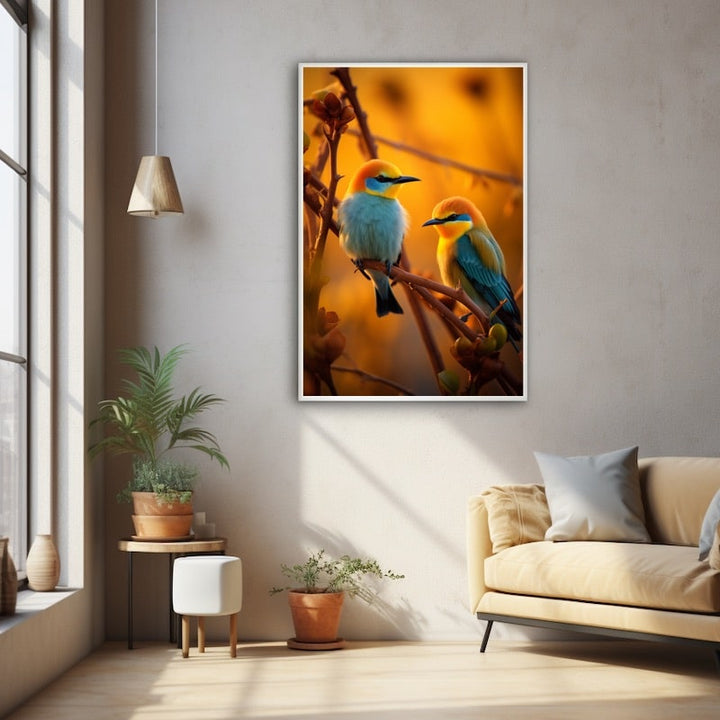 Tableau les Oiseaux Guêpiers au Soleil Couchant, art mural décoration nature