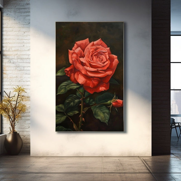 Tableau Rose Rouge sur Fond Sombre, art mural décoration nature