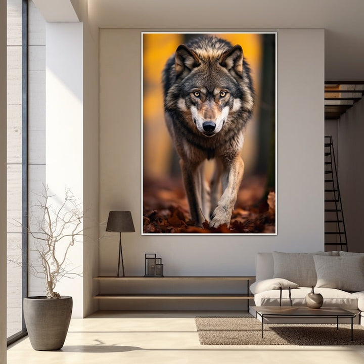 Tableau Loup en Marche en Automne, art mural décoration nature