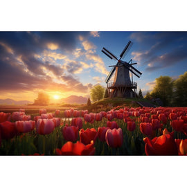 Tableau Champ de Tulipes au Moulin, art mural décoration nature