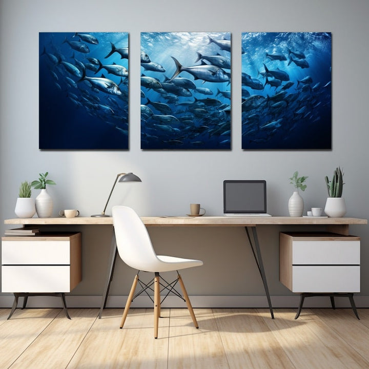 Tableau Banc de Poisson Triptyque, art mural décoration nature