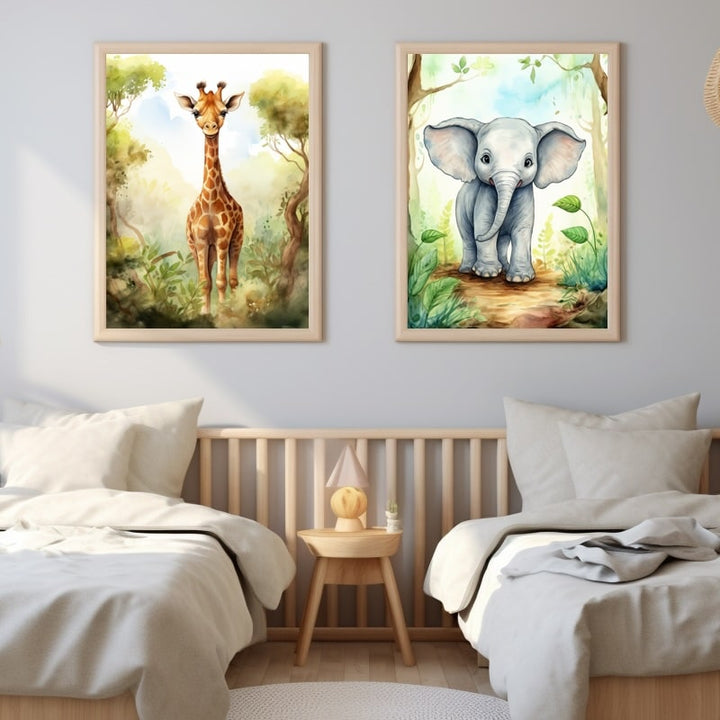 Tableau Bébé Girafe Éléphant, art mural décoration nature