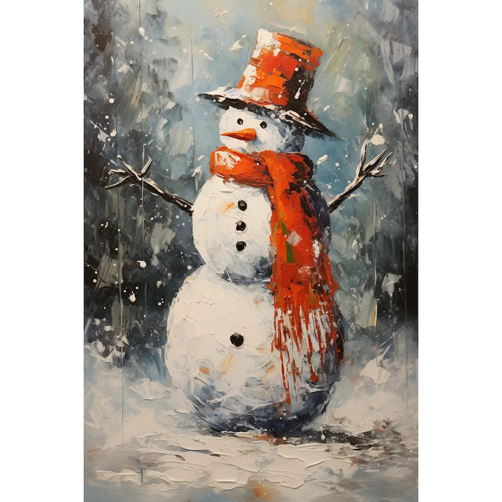 Tableau bonhomme de neige au chapeau et écharpe rouges