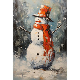 Tableau bonhomme de neige au chapeau et écharpe rouges