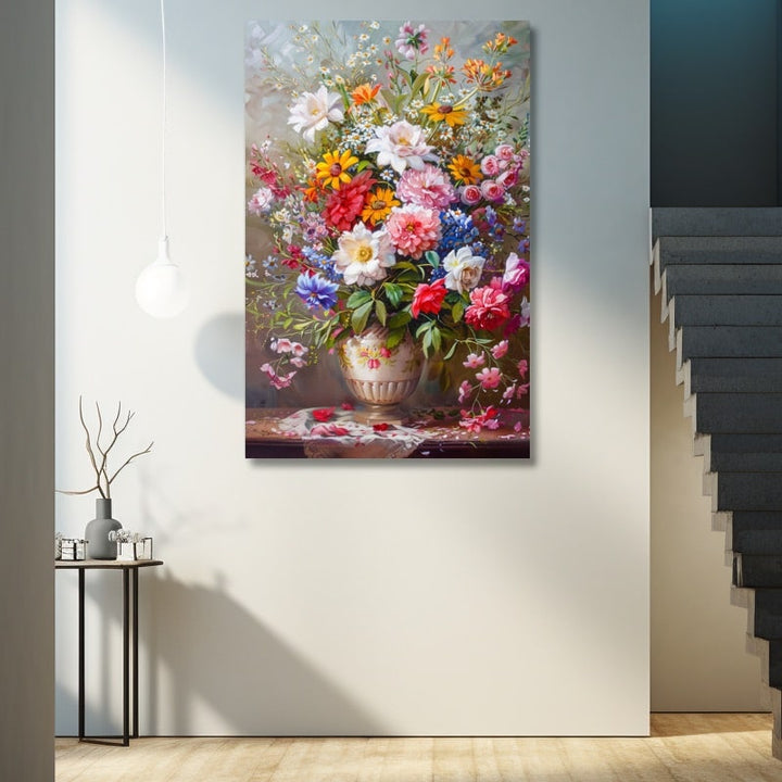 Tableau à l'huile d'un bouquet foisonnant dans un vase ancien, roses, marguerites et bleuets colorés