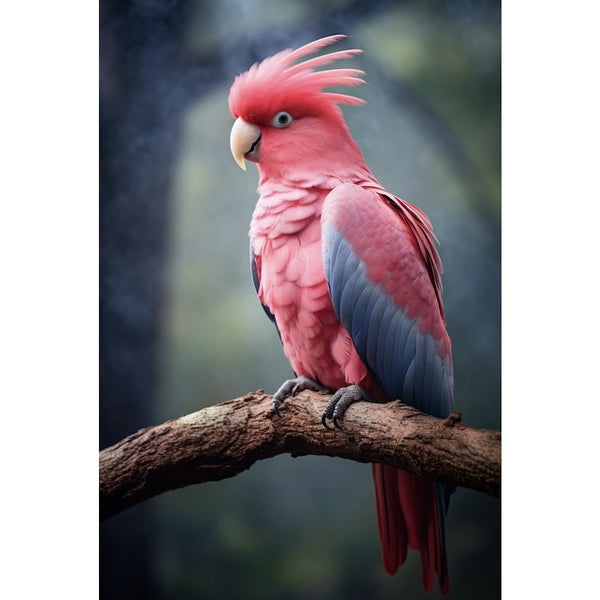Photographie d'un perroquet rose au bec ivoire, plumage rosé et gris, posé sur une branche en forêt