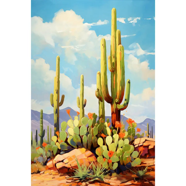 Tableau cactus saguaros et figuiers de Barbarie dans le désert