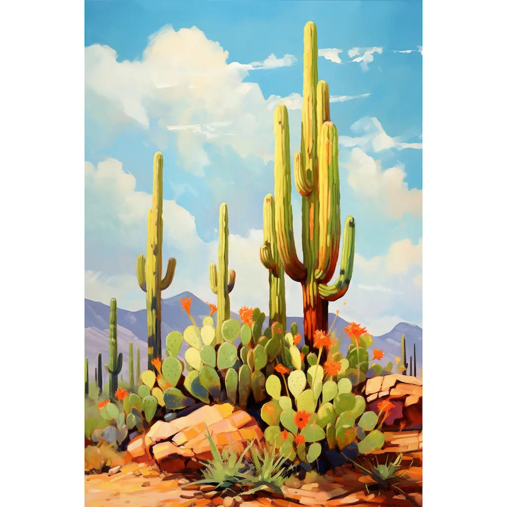Tableau cactus saguaros et figuiers de Barbarie dans le désert