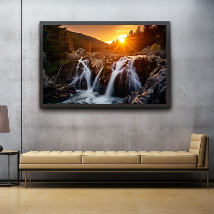 Tableau Cascade Coucher de Soleil, art mural décoration nature