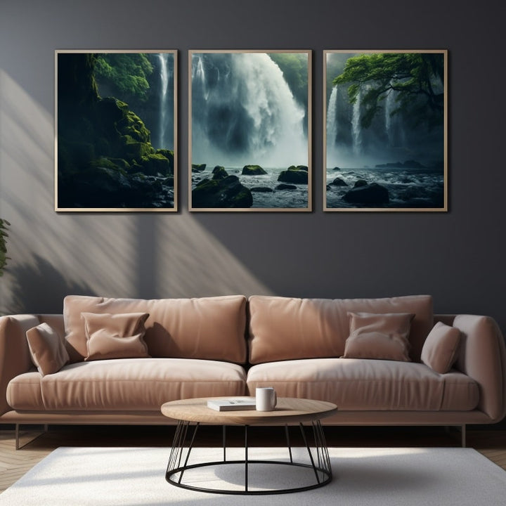 Tableau Cascade Triptyque, art mural décoration nature