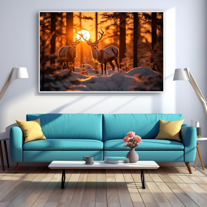 Tableau Cerf Coucher de Soleil, art mural décoration nature