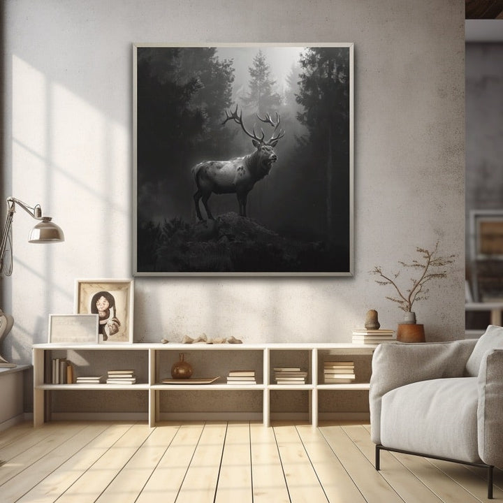 Tableau Cerf Noir et Blanc, art mural décoration nature