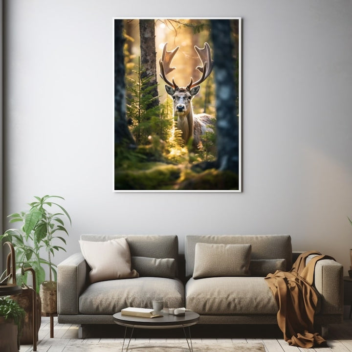 Tableau Cerf Soleil Forêt, art mural décoration nature
