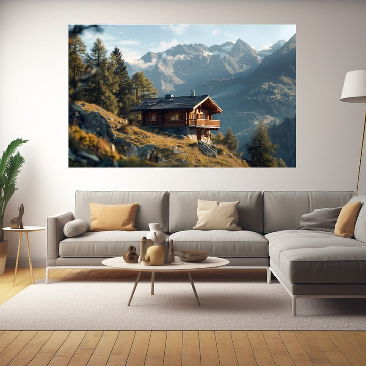 Tableau Refuge en Bois à la Montagne, art mural décoration nature
