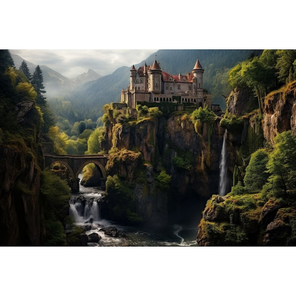 Tableau Château Montagne Cascade, art mural décoration nature