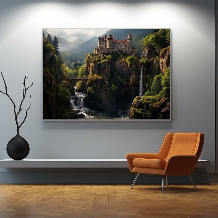Tableau Château Montagne Cascade, art mural décoration nature