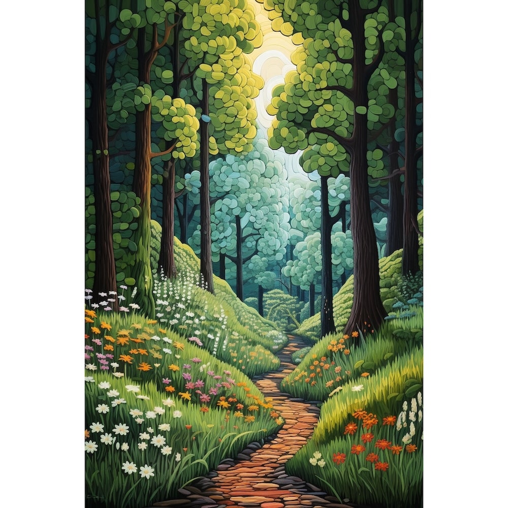 Tableau Naïf Chemin Forêt, art mural décoration nature