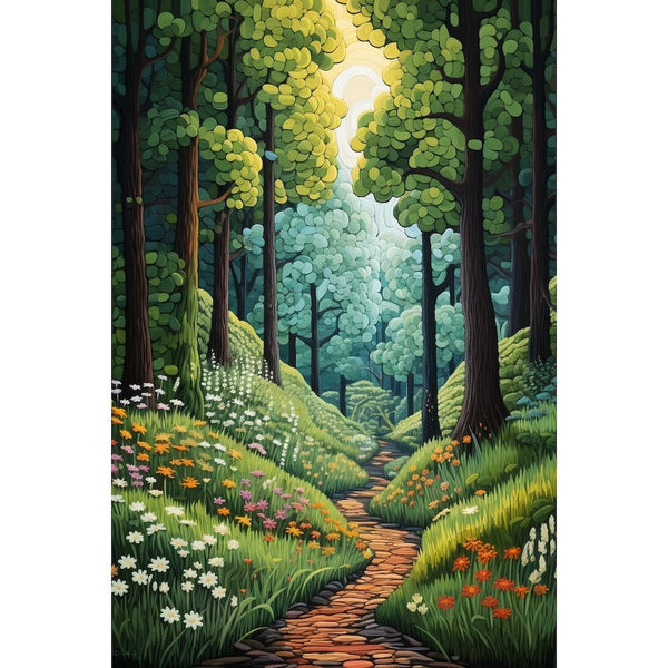 Tableau Naïf Chemin Forêt, art mural décoration nature