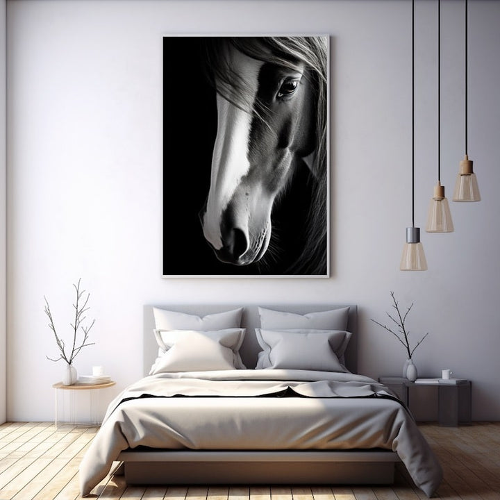Tableau Cheval Noir et Blanc, art mural décoration nature