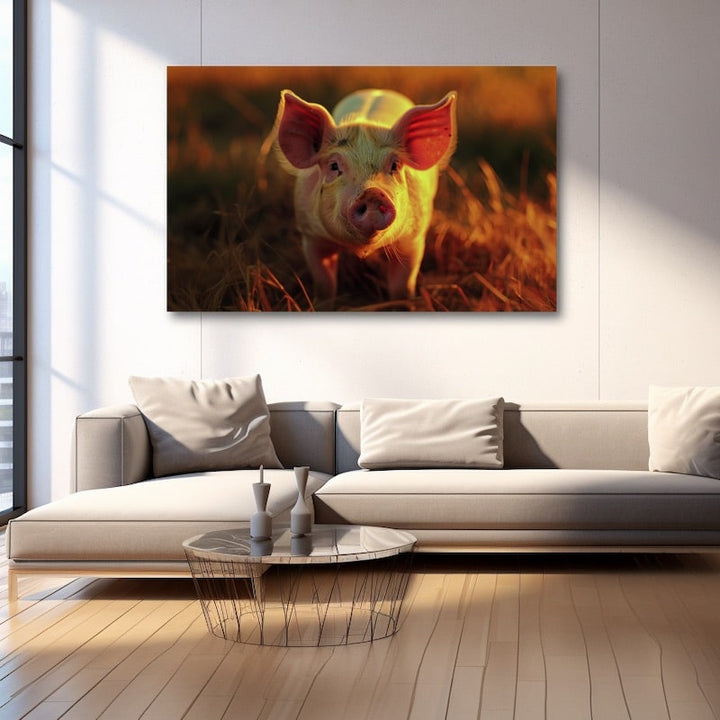 Tableau de Cochon Rose au Coucher du Soleil, art mural décoration nature