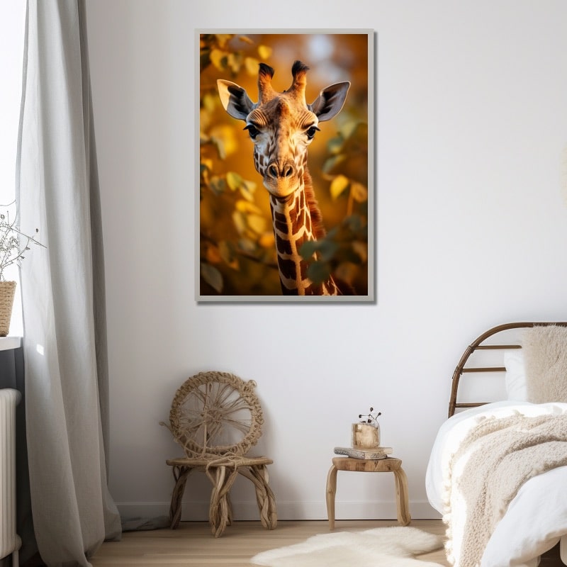 Tableau Coloré Girafe Feuilles, art mural décoration nature