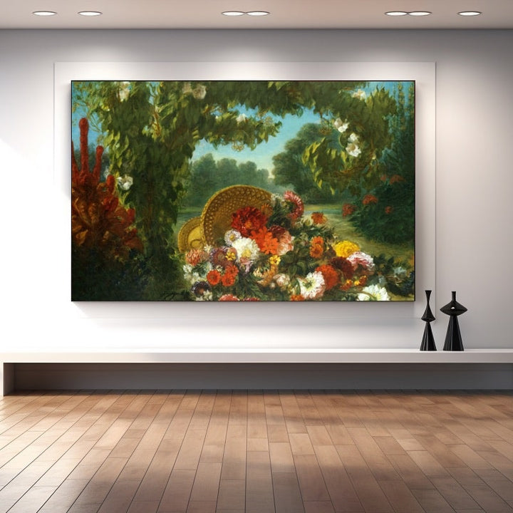 Tableau Corbeille de Fleurs au Jardin, art mural décoration nature