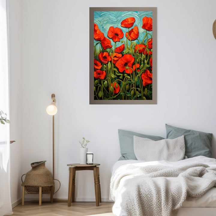 Tableau de coquelicots rouges au cœur noir sur tiges vertes sinueuses devant un ciel bleu turquoise