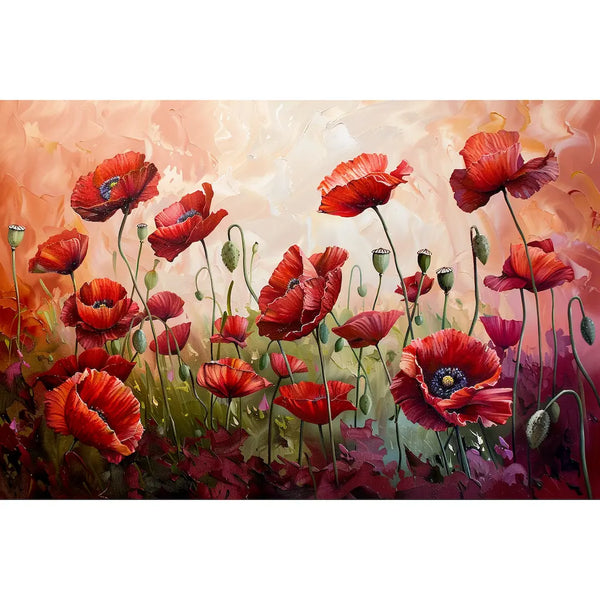 Tableau champ de coquelicots rouges sur fond corail