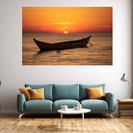 Tableau Coucher de Soleil Bateau, art mural décoration nature