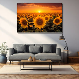 Tableau Coucher de Soleil et Tournesols, art mural décoration nature