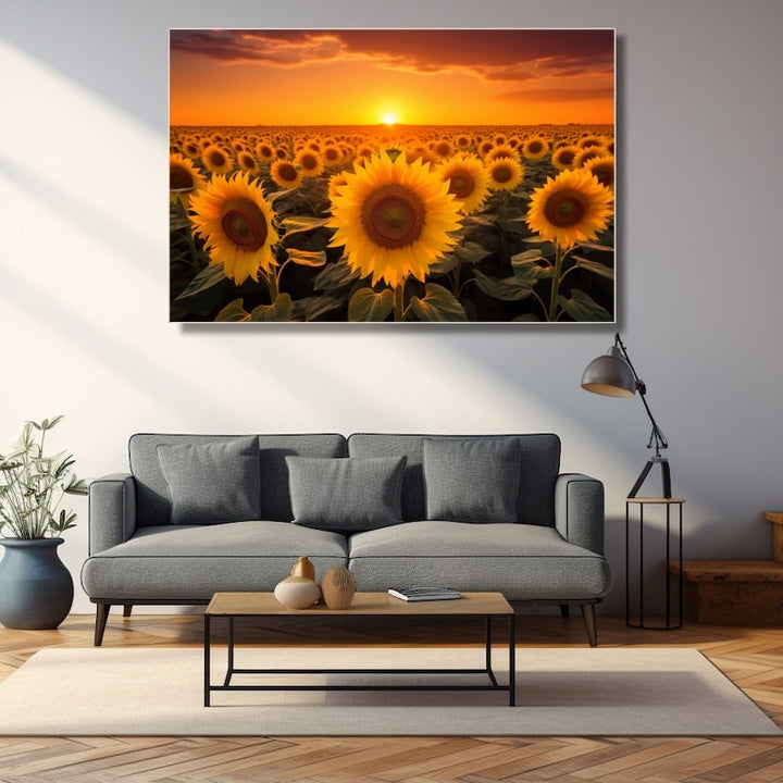 Tableau Coucher de Soleil et Tournesols, art mural décoration nature