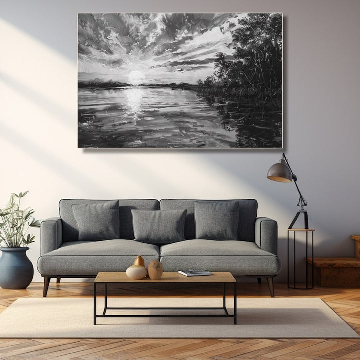 Tableau Coucher de Soleil Noir et Blanc, art mural décoration nature