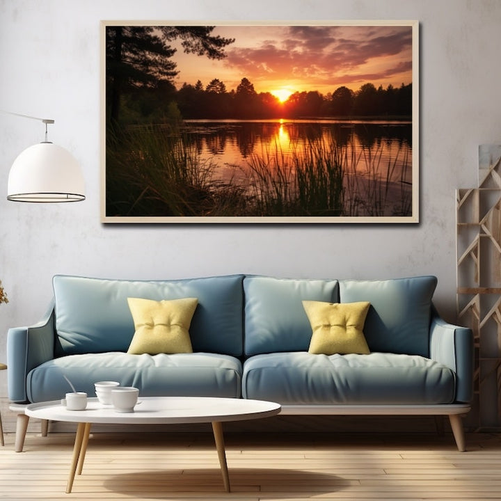 Tableau Coucher de Soleil sur un Étang, art mural décoration nature